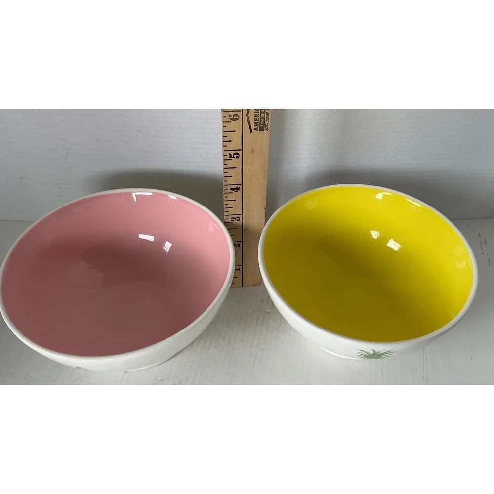 Rae Dunn Ceramic Tropical Bowls Flamingo Pineapple Set of 2 Pink Yellow Footed